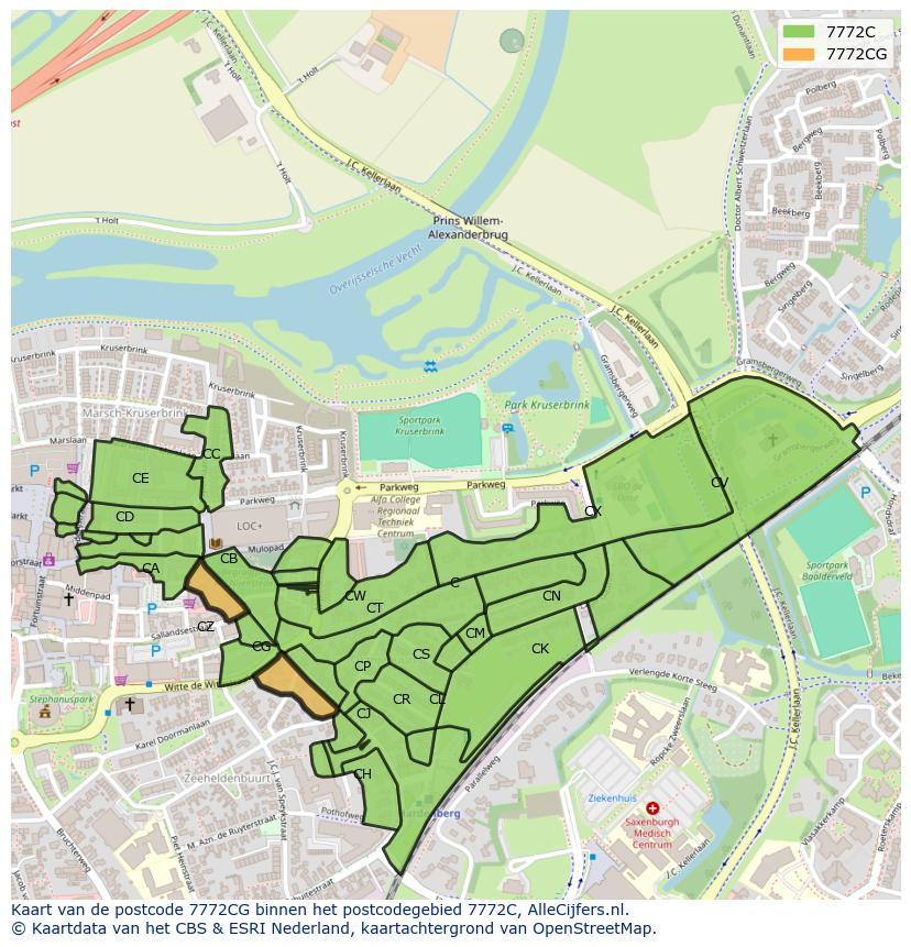 Afbeelding van het postcodegebied 7772 CG op de kaart.