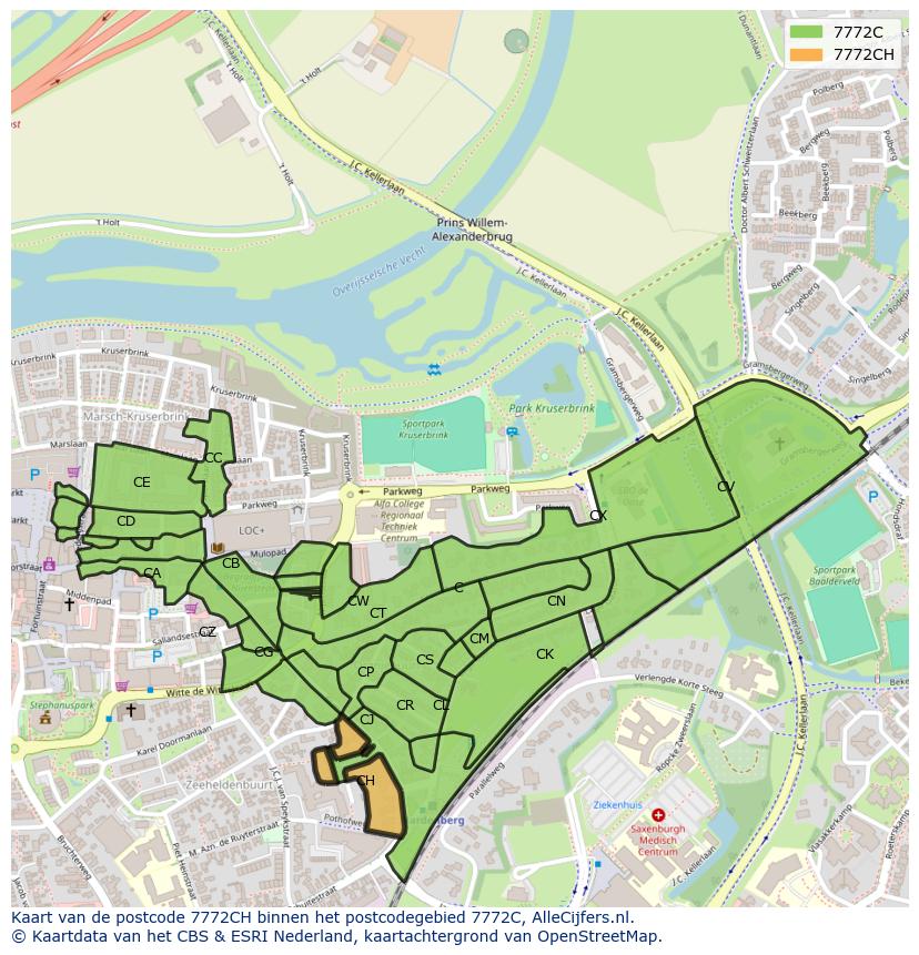 Afbeelding van het postcodegebied 7772 CH op de kaart.