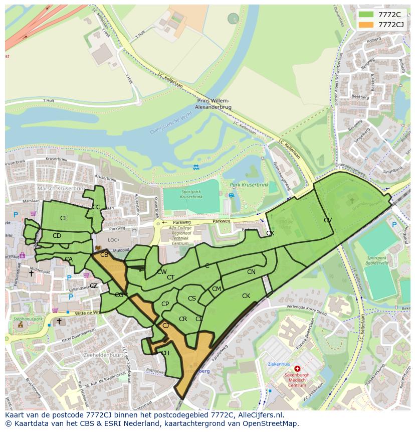 Afbeelding van het postcodegebied 7772 CJ op de kaart.