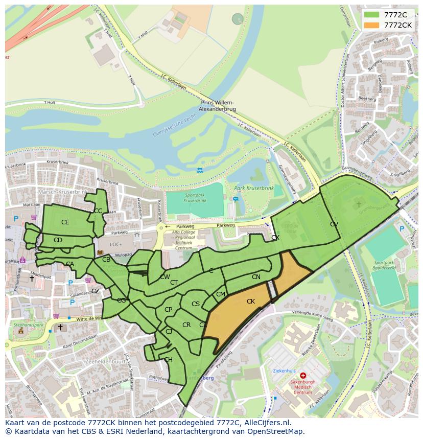 Afbeelding van het postcodegebied 7772 CK op de kaart.