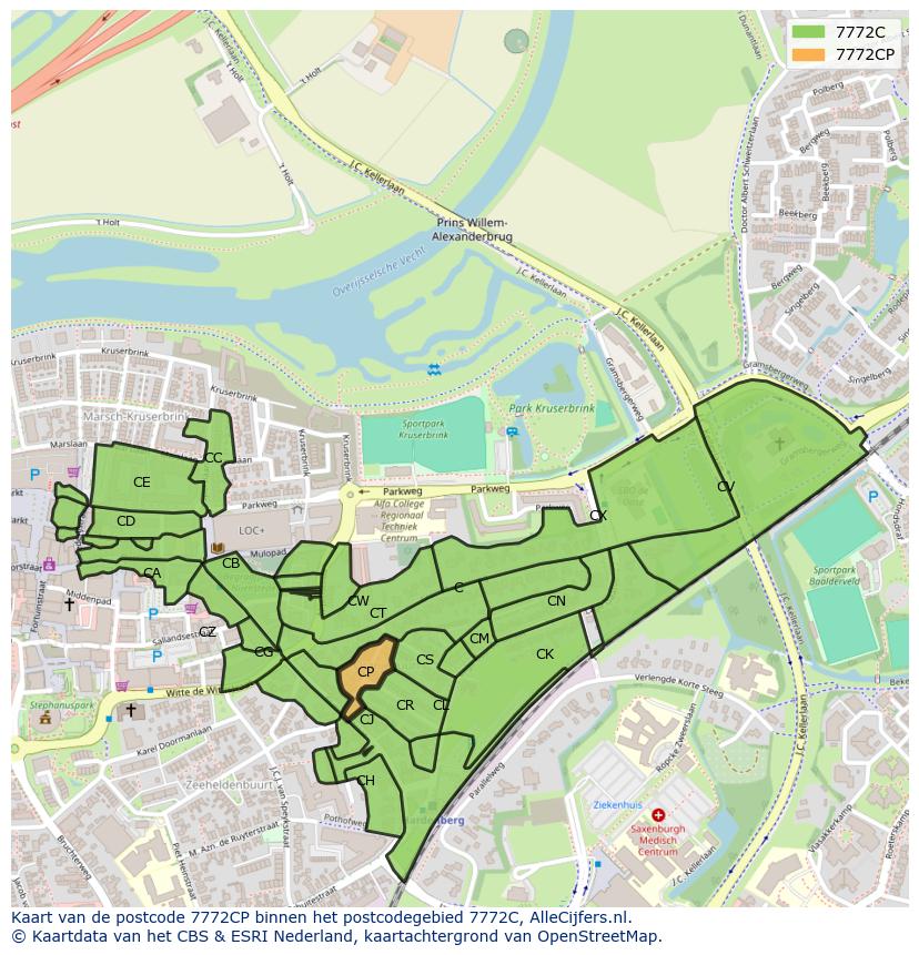 Afbeelding van het postcodegebied 7772 CP op de kaart.