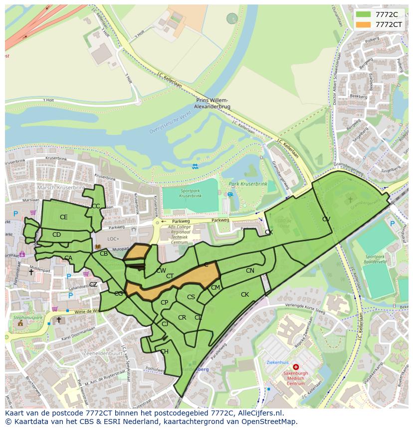 Afbeelding van het postcodegebied 7772 CT op de kaart.
