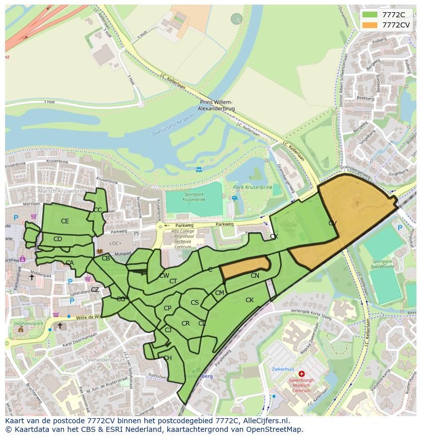 Afbeelding van het postcodegebied 7772 CV op de kaart.