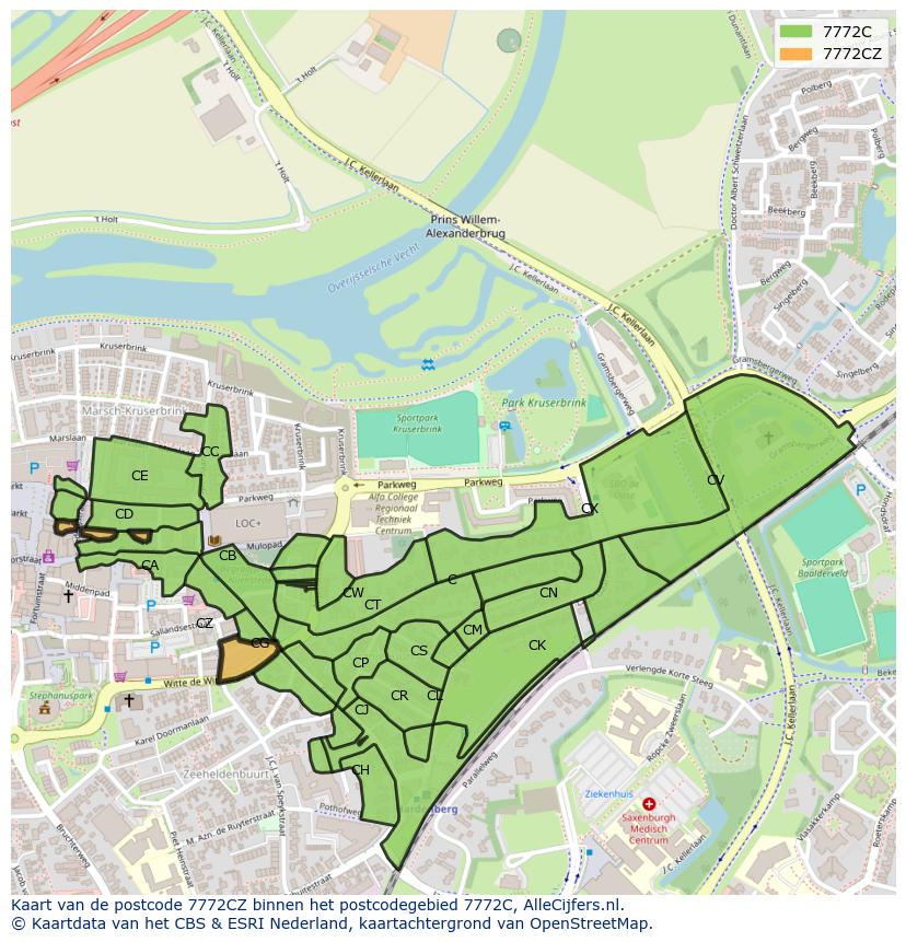 Afbeelding van het postcodegebied 7772 CZ op de kaart.