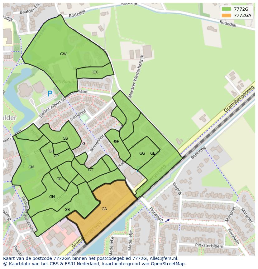 Afbeelding van het postcodegebied 7772 GA op de kaart.
