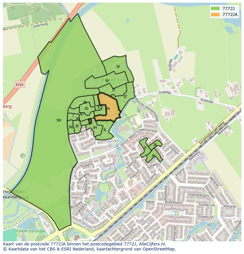 Afbeelding van het postcodegebied 7772 JA op de kaart.
