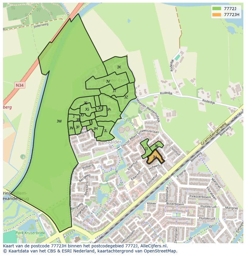 Afbeelding van het postcodegebied 7772 JH op de kaart.