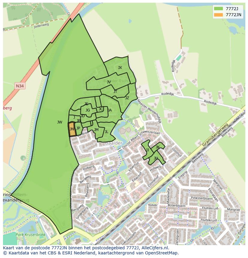 Afbeelding van het postcodegebied 7772 JN op de kaart.
