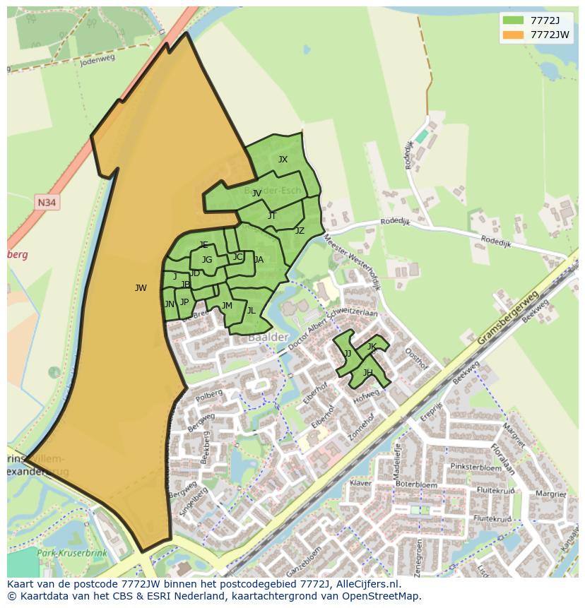 Afbeelding van het postcodegebied 7772 JW op de kaart.