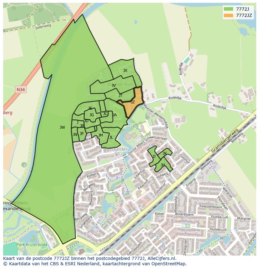 Afbeelding van het postcodegebied 7772 JZ op de kaart.