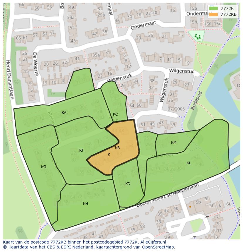 Afbeelding van het postcodegebied 7772 KB op de kaart.
