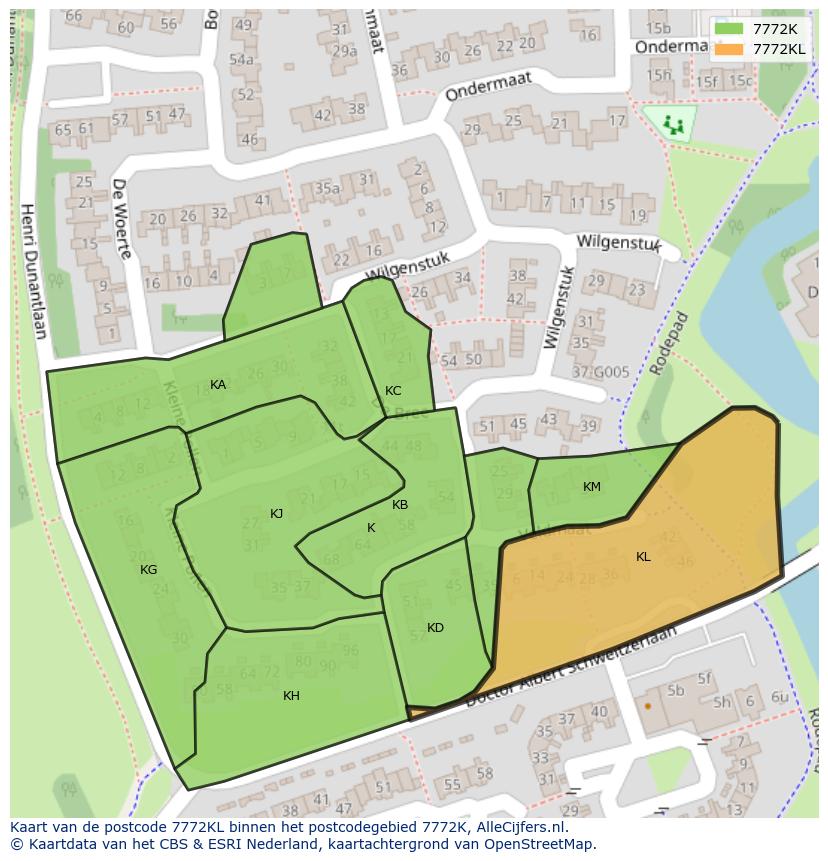 Afbeelding van het postcodegebied 7772 KL op de kaart.