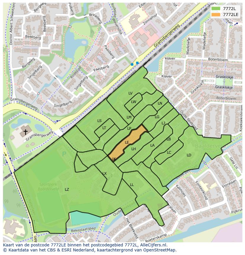 Afbeelding van het postcodegebied 7772 LE op de kaart.