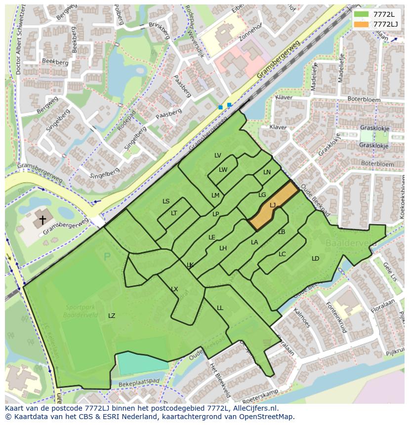 Afbeelding van het postcodegebied 7772 LJ op de kaart.