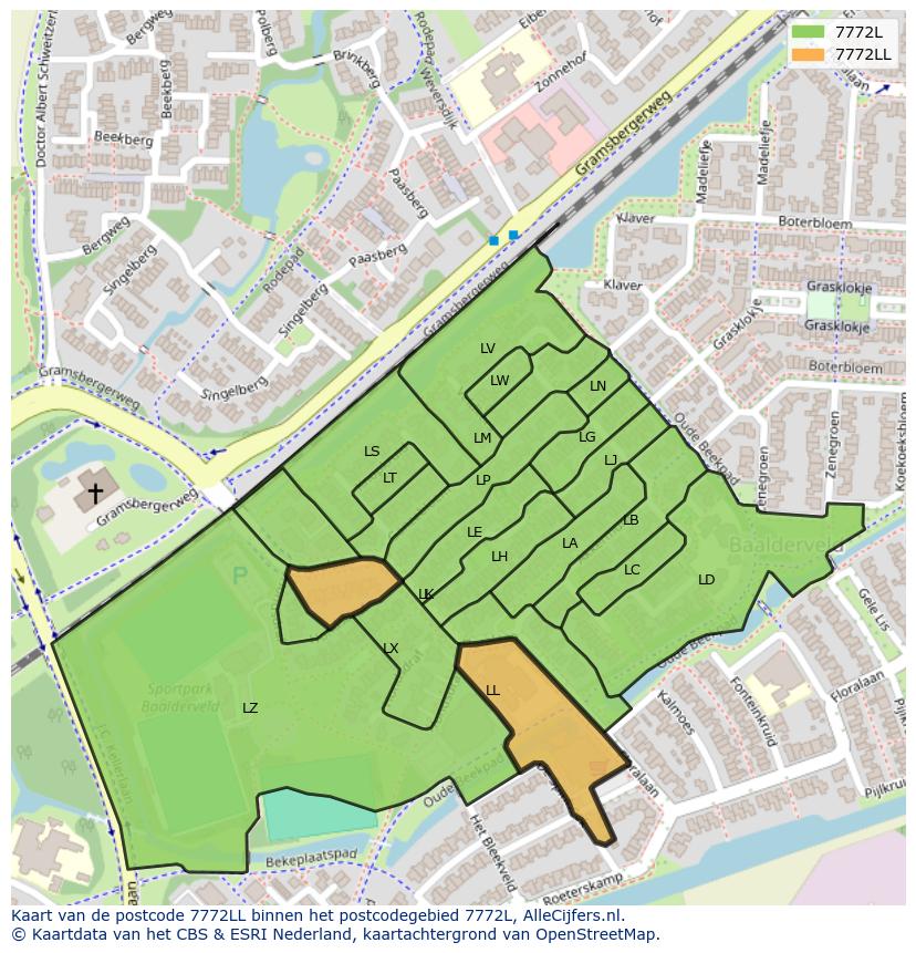 Afbeelding van het postcodegebied 7772 LL op de kaart.