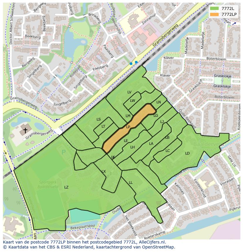 Afbeelding van het postcodegebied 7772 LP op de kaart.