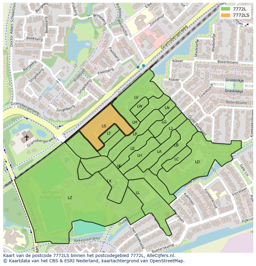 Afbeelding van het postcodegebied 7772 LS op de kaart.