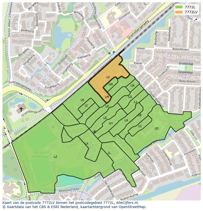 Afbeelding van het postcodegebied 7772 LV op de kaart.