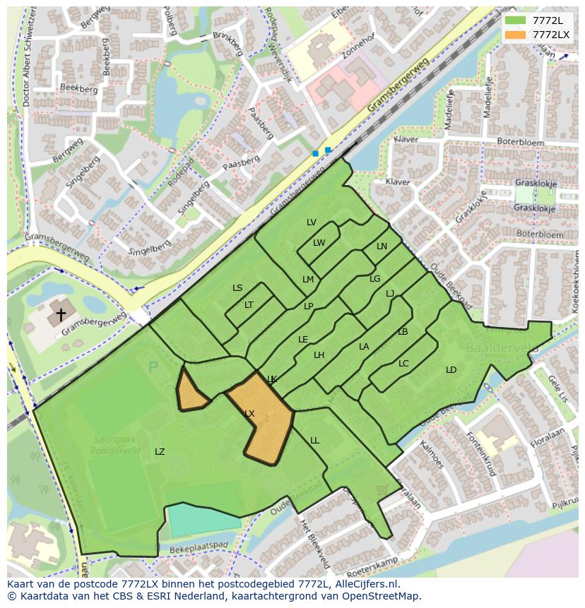 Afbeelding van het postcodegebied 7772 LX op de kaart.
