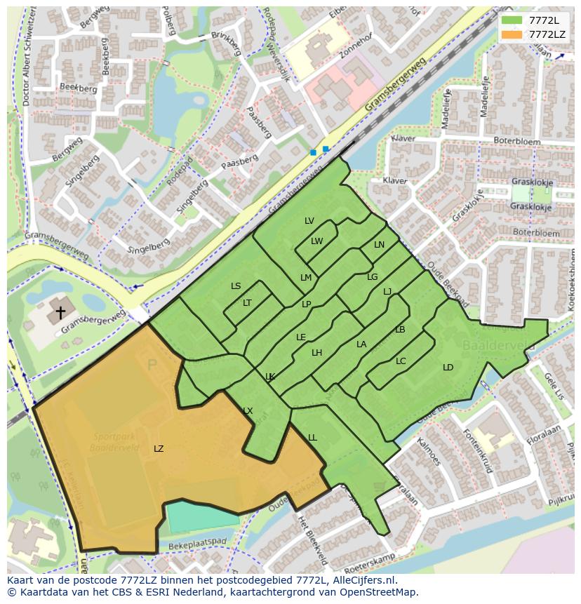 Afbeelding van het postcodegebied 7772 LZ op de kaart.