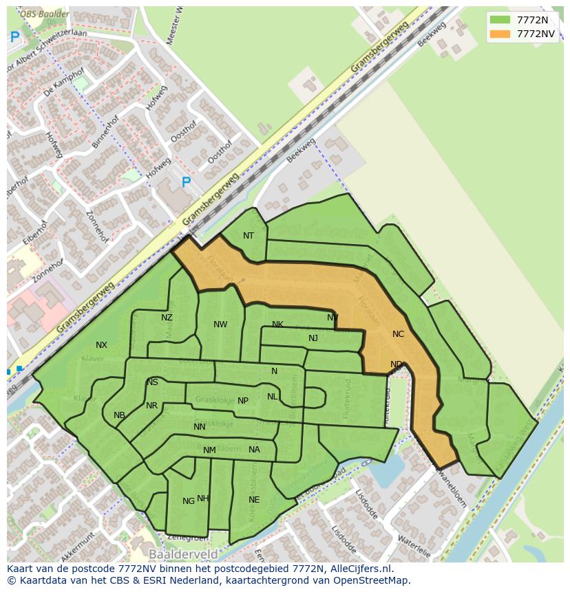 Afbeelding van het postcodegebied 7772 NV op de kaart.