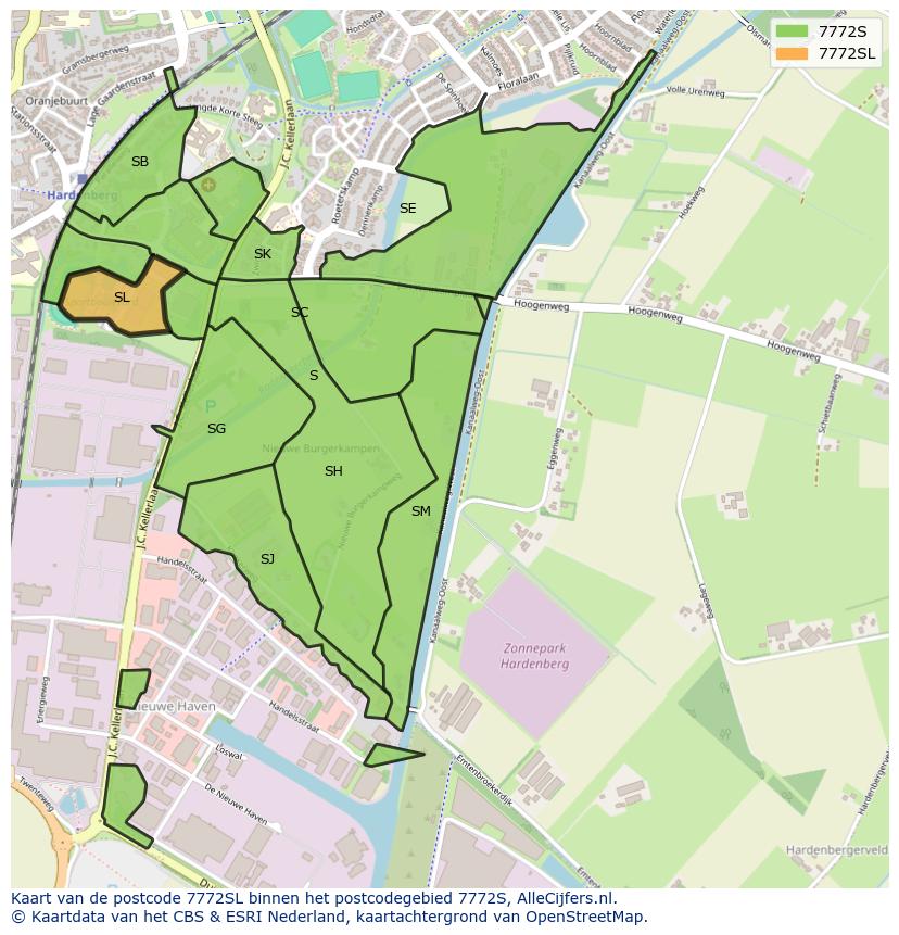 Afbeelding van het postcodegebied 7772 SL op de kaart.