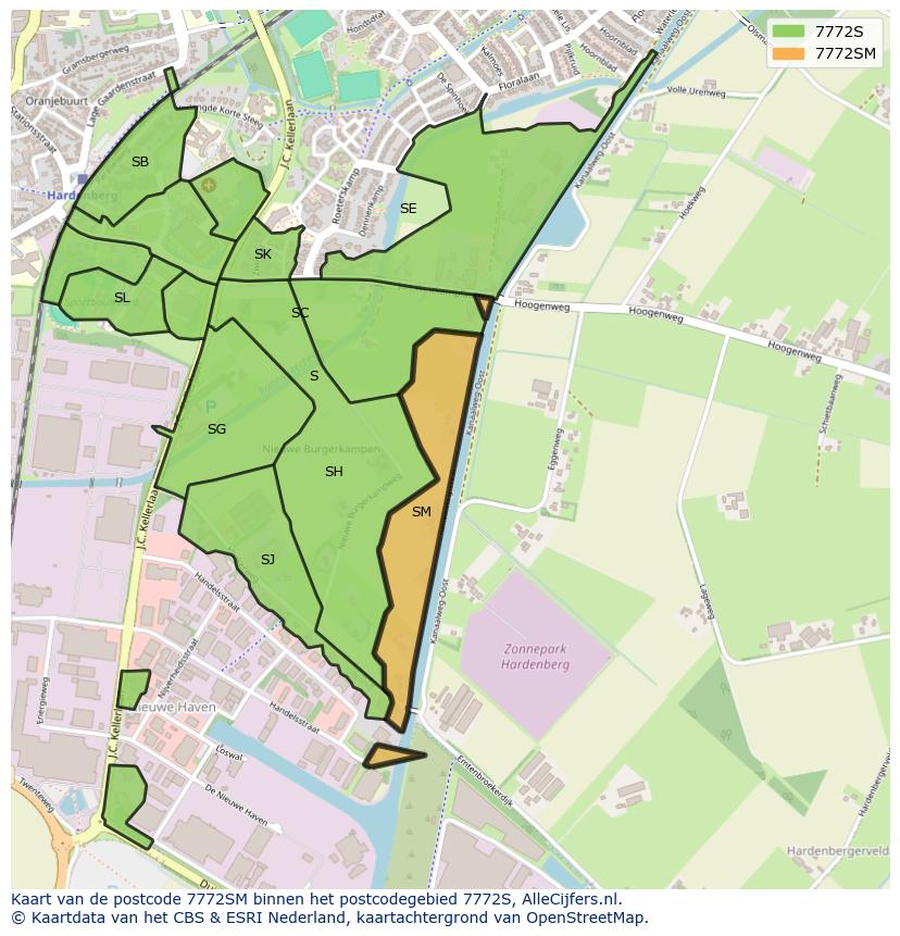 Afbeelding van het postcodegebied 7772 SM op de kaart.