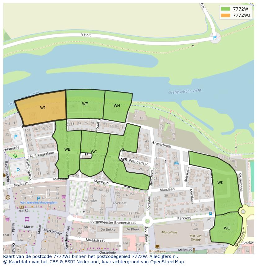 Afbeelding van het postcodegebied 7772 WJ op de kaart.