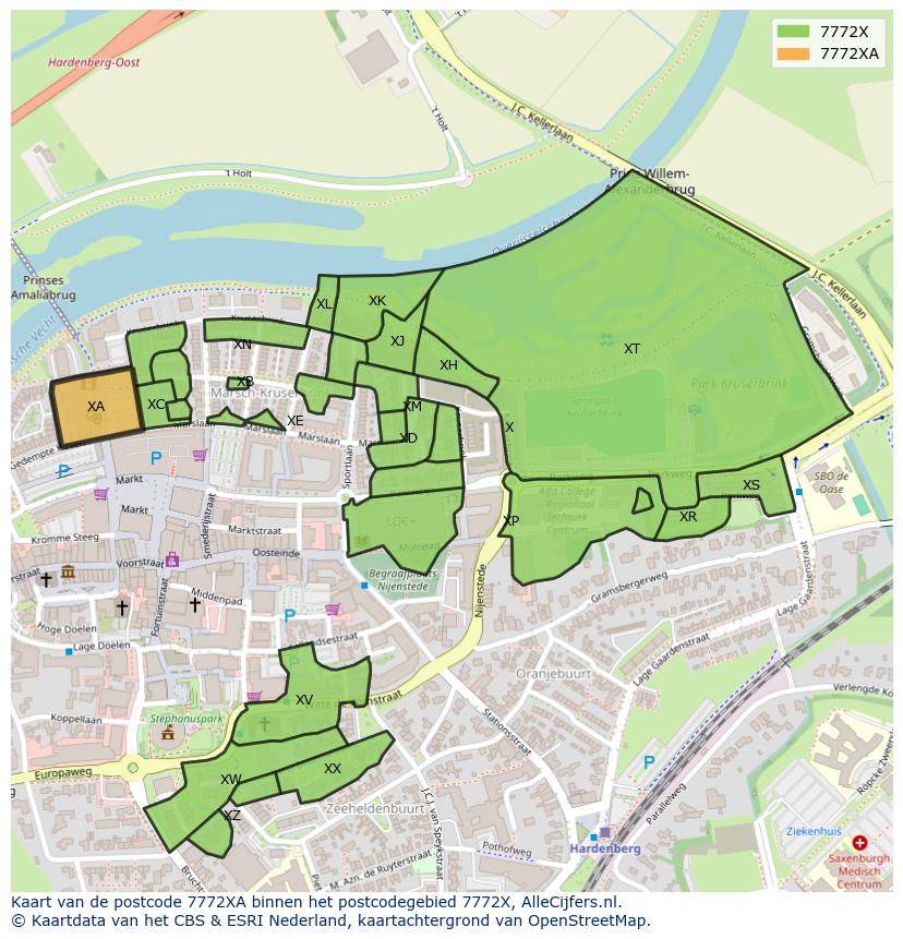 Afbeelding van het postcodegebied 7772 XA op de kaart.