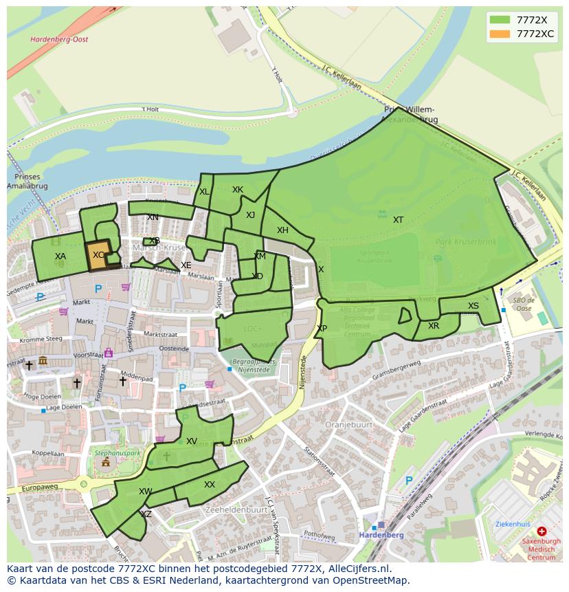 Afbeelding van het postcodegebied 7772 XC op de kaart.