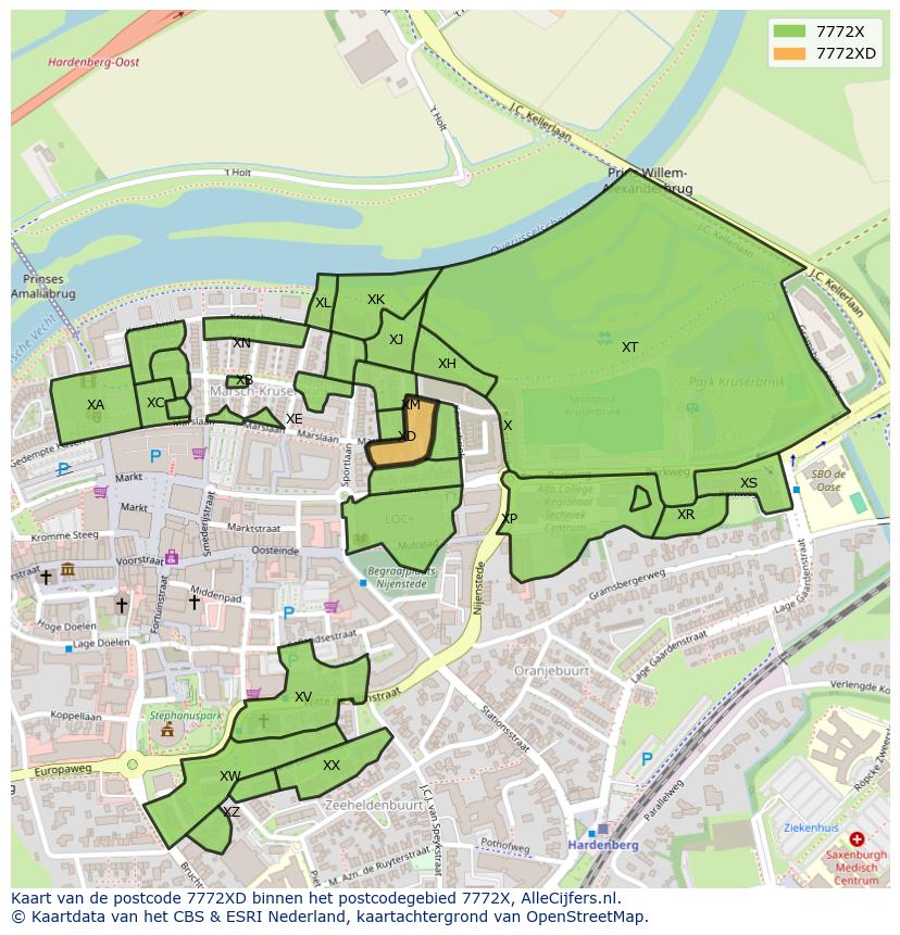 Afbeelding van het postcodegebied 7772 XD op de kaart.