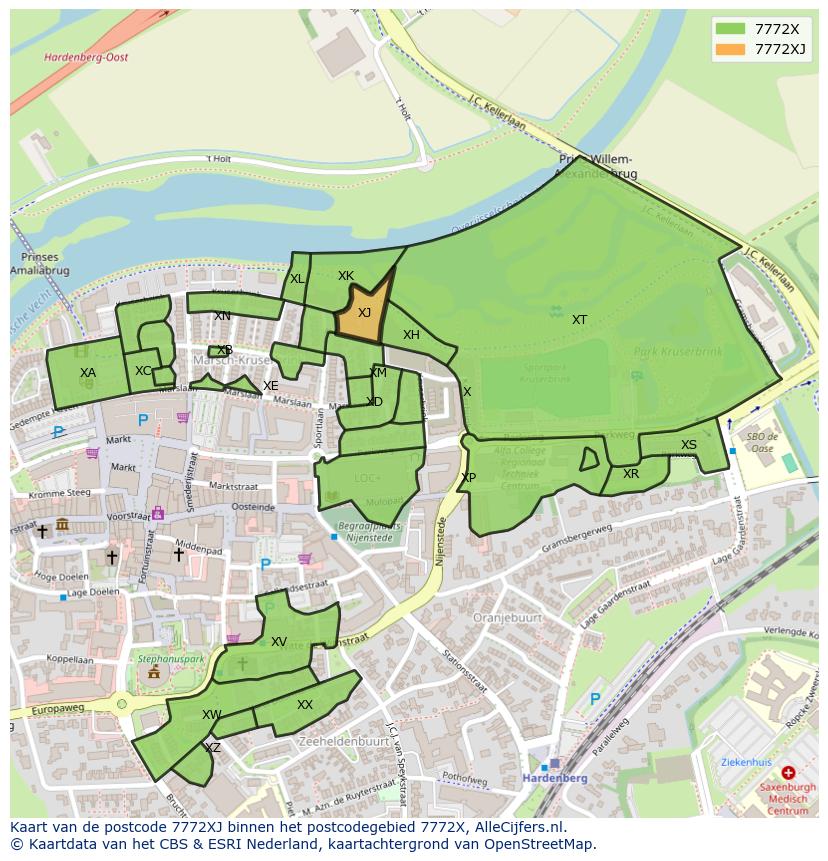 Afbeelding van het postcodegebied 7772 XJ op de kaart.