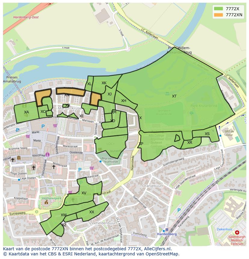 Afbeelding van het postcodegebied 7772 XN op de kaart.