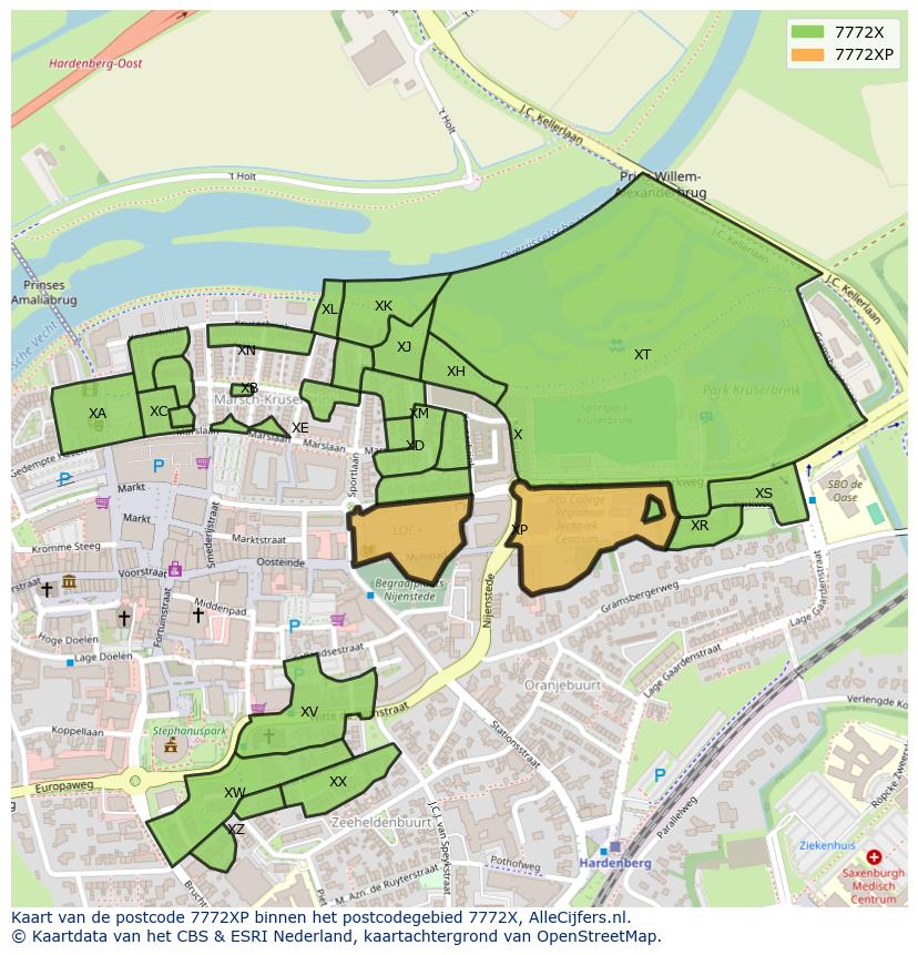 Afbeelding van het postcodegebied 7772 XP op de kaart.
