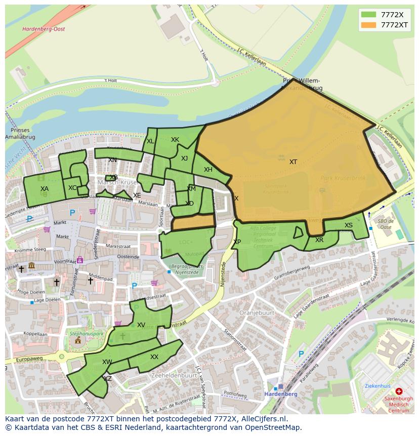 Afbeelding van het postcodegebied 7772 XT op de kaart.