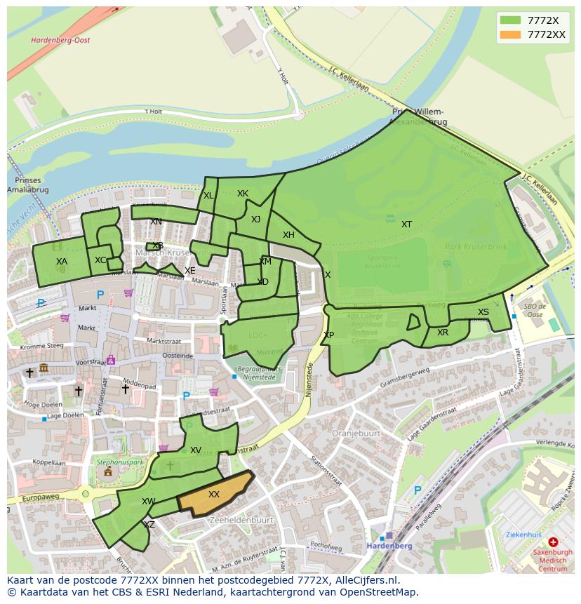 Afbeelding van het postcodegebied 7772 XX op de kaart.