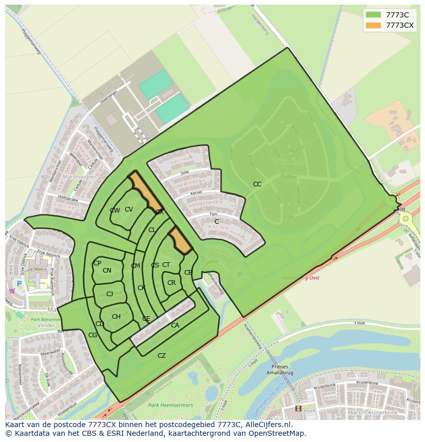 Afbeelding van het postcodegebied 7773 CX op de kaart.