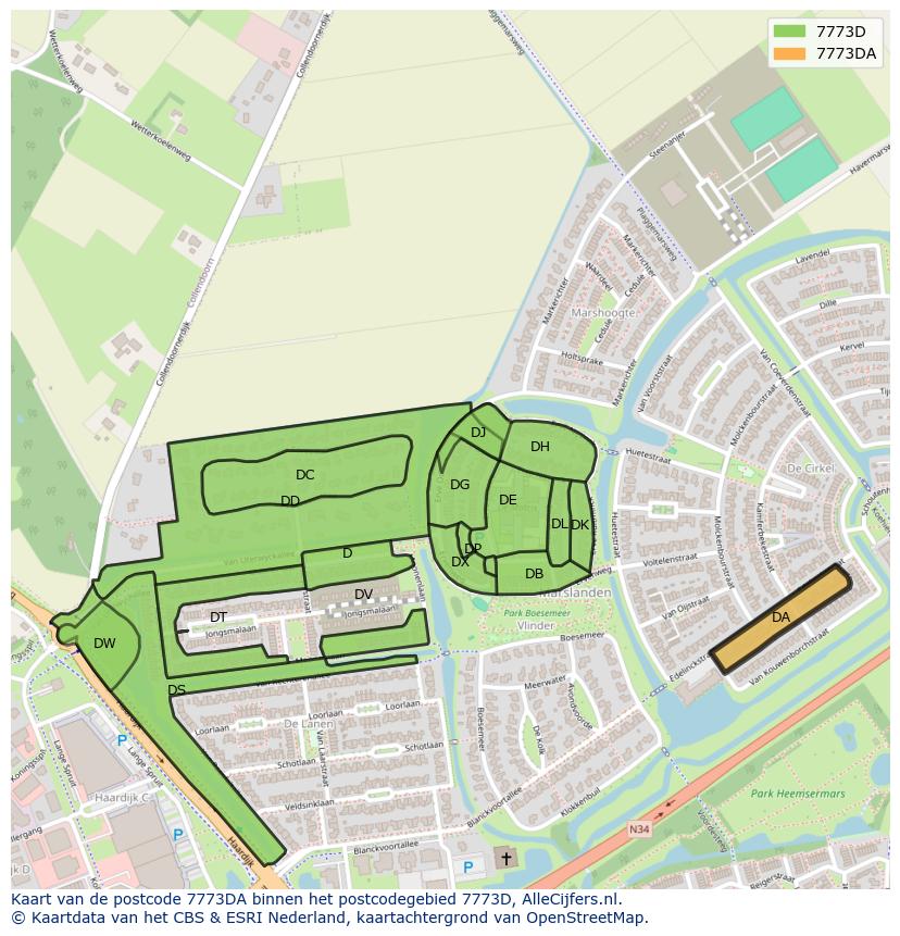 Afbeelding van het postcodegebied 7773 DA op de kaart.