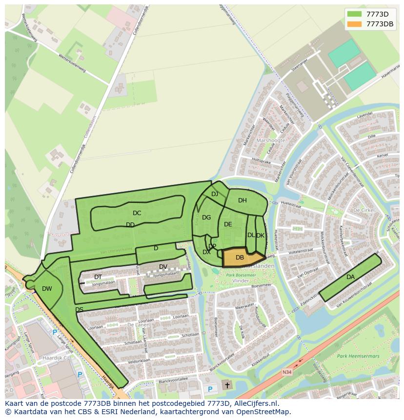 Afbeelding van het postcodegebied 7773 DB op de kaart.