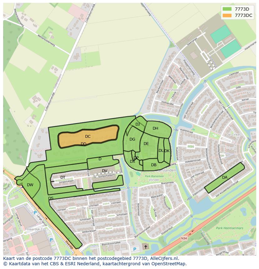 Afbeelding van het postcodegebied 7773 DC op de kaart.