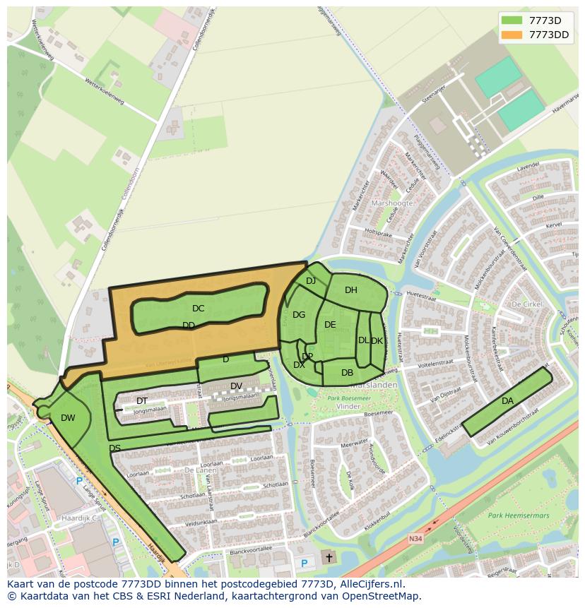 Afbeelding van het postcodegebied 7773 DD op de kaart.