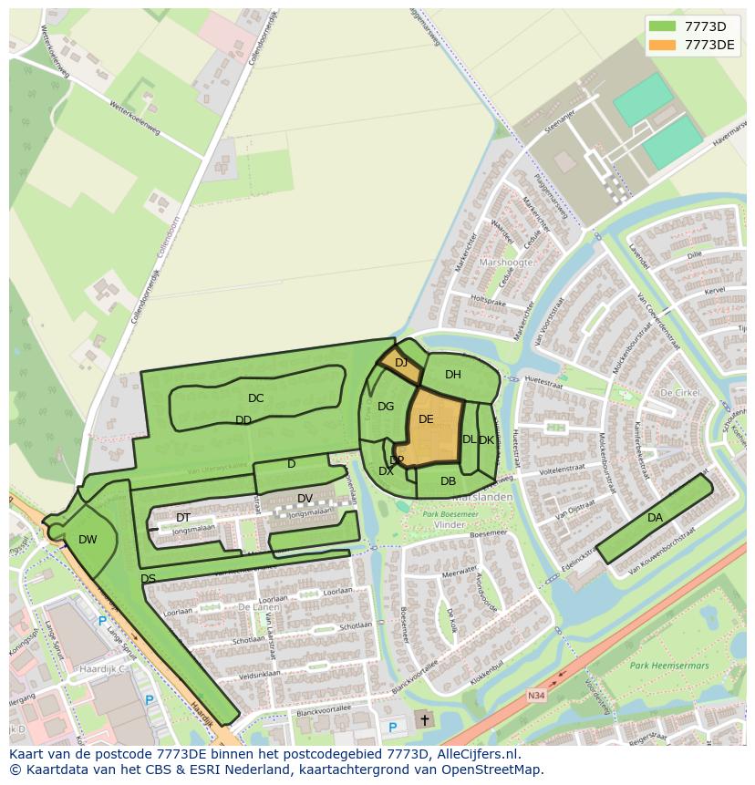 Afbeelding van het postcodegebied 7773 DE op de kaart.