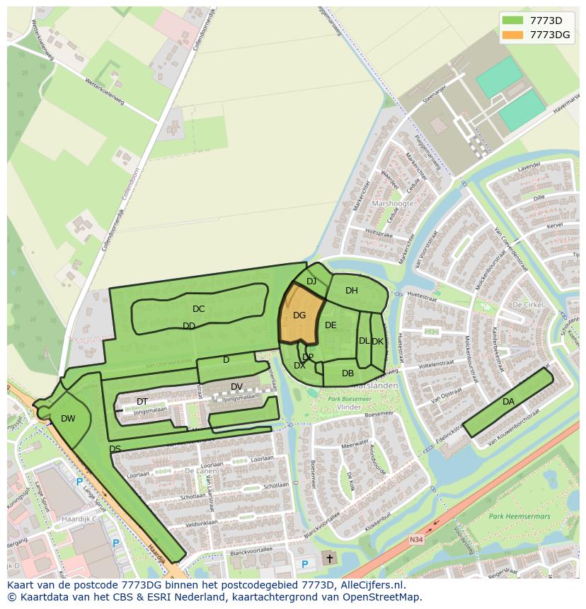 Afbeelding van het postcodegebied 7773 DG op de kaart.