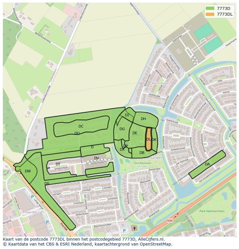 Afbeelding van het postcodegebied 7773 DL op de kaart.