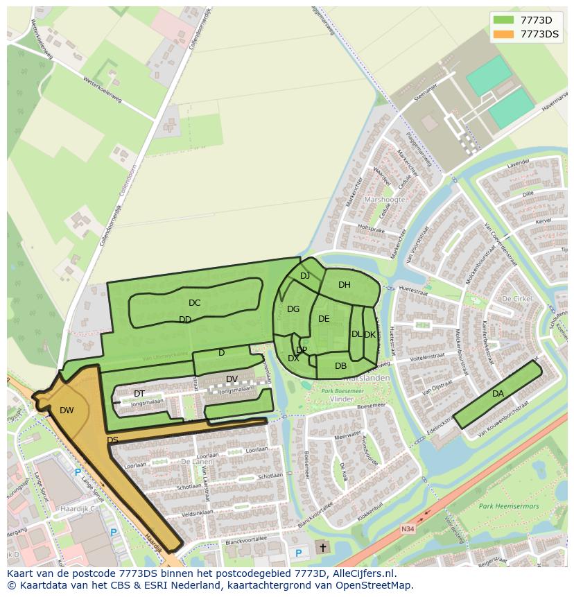 Afbeelding van het postcodegebied 7773 DS op de kaart.
