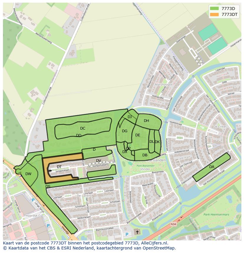 Afbeelding van het postcodegebied 7773 DT op de kaart.