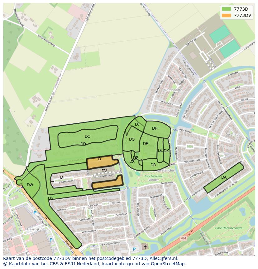 Afbeelding van het postcodegebied 7773 DV op de kaart.