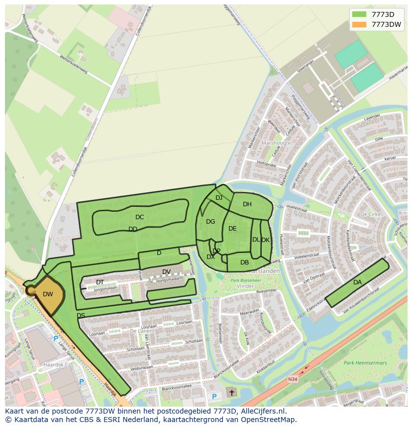 Afbeelding van het postcodegebied 7773 DW op de kaart.