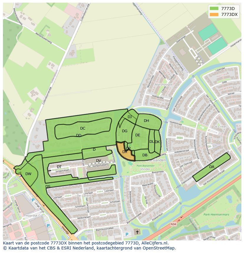 Afbeelding van het postcodegebied 7773 DX op de kaart.