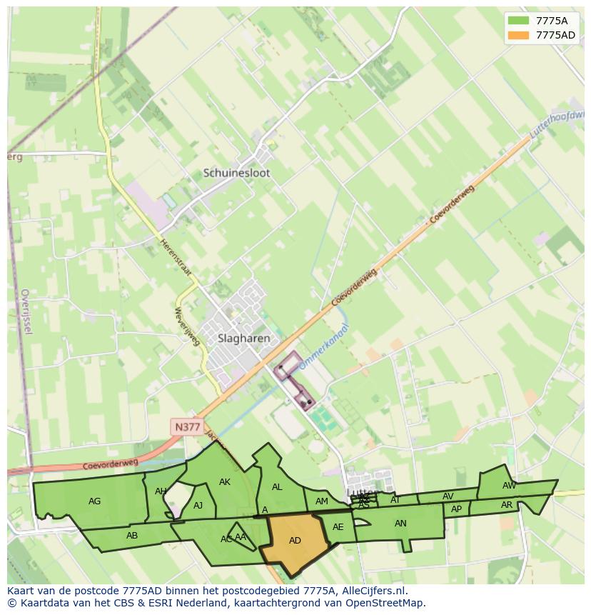 Afbeelding van het postcodegebied 7775 AD op de kaart.